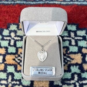 Sterling Silver Heart Shaped Religious Medal Necklace 18” Lite Curb Chain
